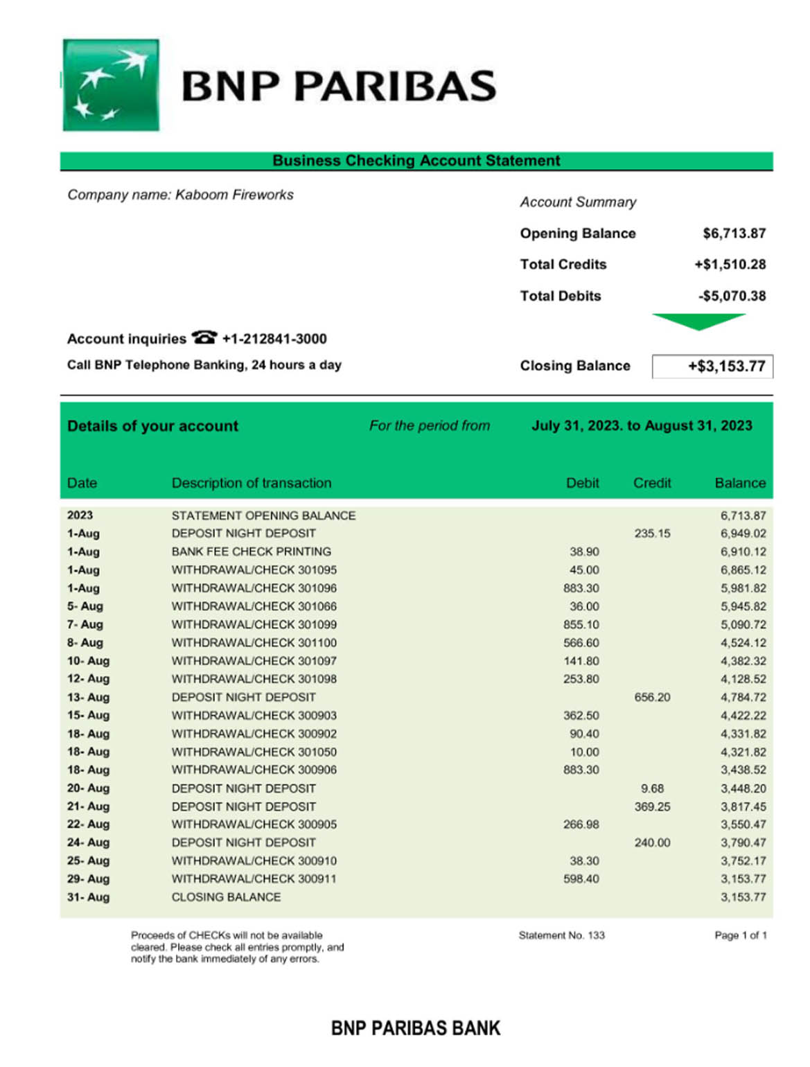 Bank BNP Paribas company statement Word and PDF template download template